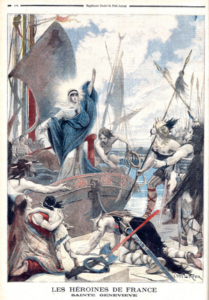 Sainte Genevieve is an engraving by Lionel Royer in the collection, the heroine of France, extracting from the illustrated supplement of the Petit Journal, publishing on january 12th, 1896