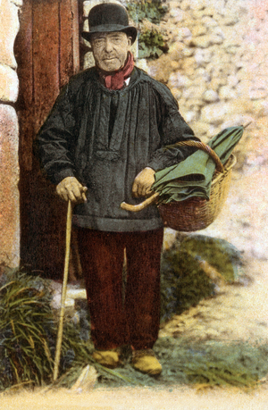 Normandy, France: old man with a basket and umbrella c. 1900, Postcard