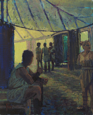 Backstage during the Evening performance, 2015 (oil on linen)