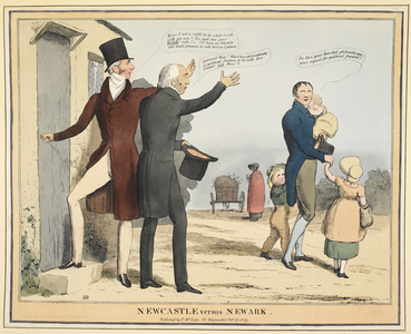 Newcastle verses Newark'. Possibly, Henry Pelham-Clinton, 6th Duke of Newcastle, who was Member of Parliament for Newark between 1857 and 1859.