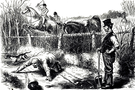 A cartoon depicting a hunting party tracking the fox, 19th century