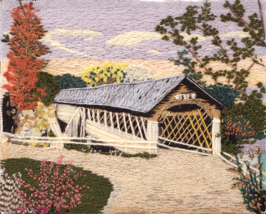 The Covered Bridge, 1818, 1940 (worsted embroidery on fabric)
