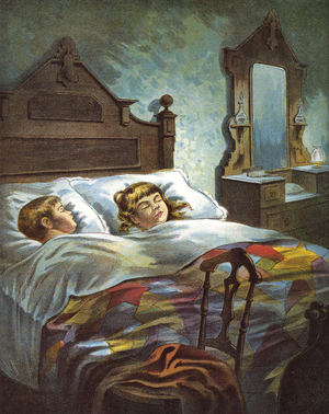 Boy and Girl are 'Snug in Their Bed' on Christmas Eve, 1918 (lithograph)