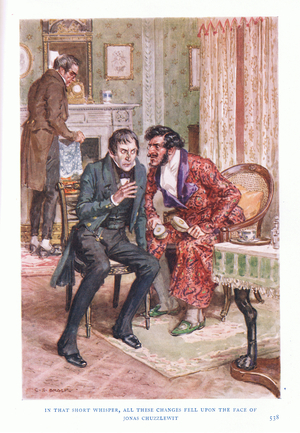In that short whisper, all these changes fell on the face of Jonas Chuzzlewit (colour litho)