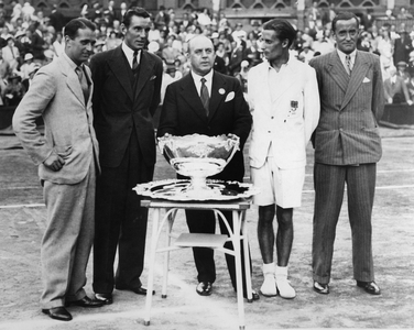 Fred Perry, winning the Davis Cup against the USA, Wimbledon, London, July 31, 1934 (b/w photo)
