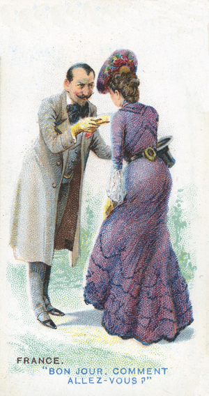 Customary Greeting in France, 1907 (colour litho)