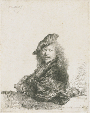 Self portrait leaning forearm on a wall, 1639 (etching)