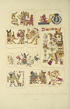 Hieroglyphic Paintings from the Borgia Museum, Veletri, illustration from 'Vues des Cordillères et Monumens des Peuples Indigènes de l'Amérique' by Alexander von Humboldt and Aime Bonpland, 1813 (hand-coloured engraving)