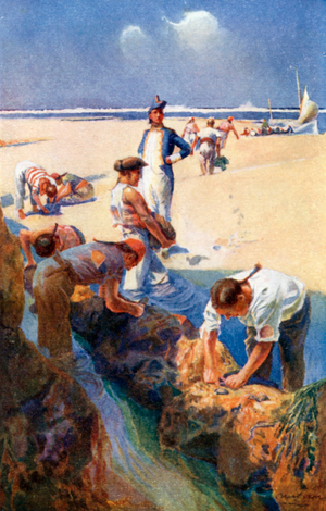 Captain Bligh and his Men Searching for Oysters off the Great Barrier Reef (colour litho)