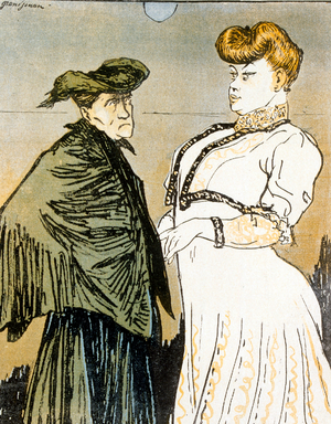 Caricature in L'Assiette du Beurre, 1906, depicting two wealthy women in conversation