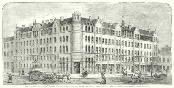 The "Peabody Dwellings," Corner of Commercial Street and White Lion Street, near the Great Eastern Station, Bishopgate Street, London (engraving)