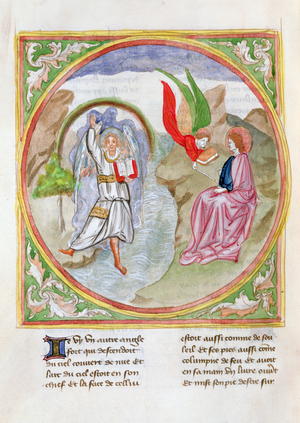 Ms. 28/1378 fol.63v The Angel Presents John with the Open Book, from 'Histoire Extraite de la Bible et Apocalypse' (vellum)