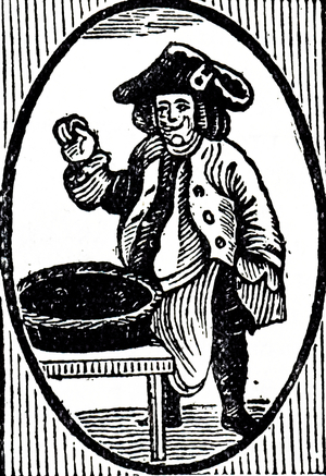 18th century illustration showing a Hot Spice Gingerbread seller; London 1800
