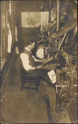 Linotype operator, ca 1920 (photograph)