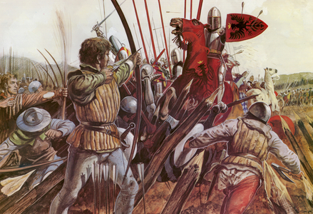 The English longbows triumphed at the battle of Agincourt in 1415 (colour litho)