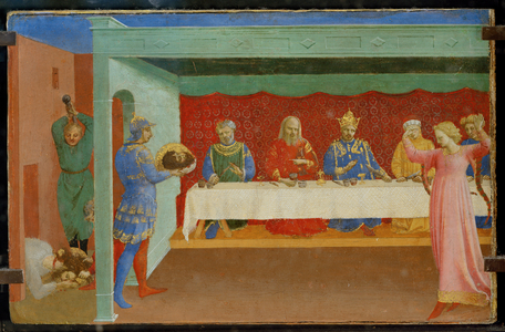 Predella of an altarpiece: The beheading of Saint John Baptist and the feast of herod, with Salome dancing ...