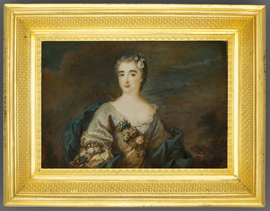 A lady called Louise-Jeanne de Durfot, Duchesse de Mazarin et de la Meilleraye, c.1750 (w/c on ivory) (see also 1630586)