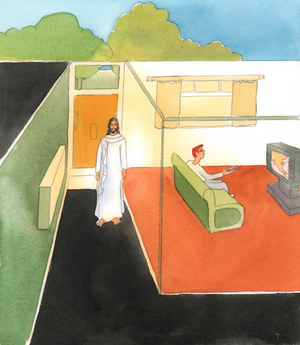 A person who receives Jesus Christ in Holy Communion but then scarcely talks to Him in prayer is like a man who welcomes a visitor then leaves Him in the hall-way whilst himself going off to watch television, 2005 (w/c on paper)