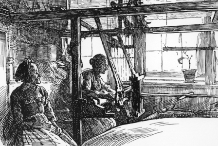 Spitalfields silk weaver working at her loom, 1893