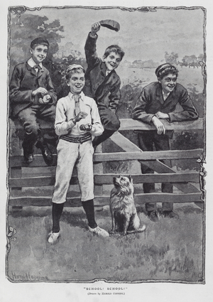 Boys cheering on their school sports team (litho)