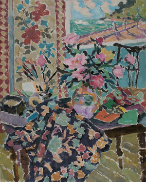 Still Life with Peonies and Screen, 2015 (oil on canvas)