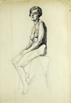 Study of a Nude, Seated on a Stool, 1928 (pen & ink over pencil)