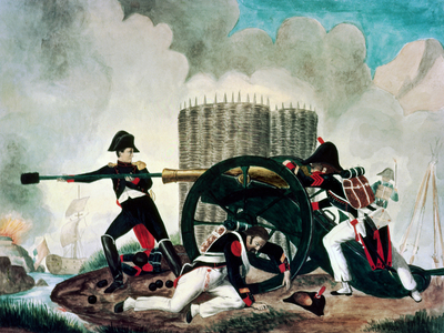 General Napoleon Bonaparte (l) during siege of Toulon against english army december 17, 1793, contemporary watercolor