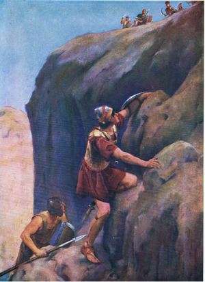 Johnathan and his armour bearer, from The Bible Picture Book published by Thomas Nelson, c.1950 (colour litho)