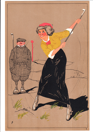 A print of two golfers in comic and humorous postures, c.1920 (colour litho)