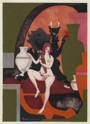 The Love Books of Ovid: Love, with flushed cheeks, holds in her frail arms the amphora of Bacchus (colour litho)