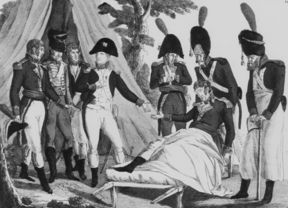 French emperor Napoleon 1st visiting the marshal Jean Lannes, duke of Montebello, wounded during the Austria campaign at Essling battle on may 22, 1809 (he'll die on may 31), engraving, 19th century