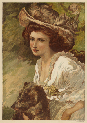 Portrait of a young woman with a dog (colour litho)