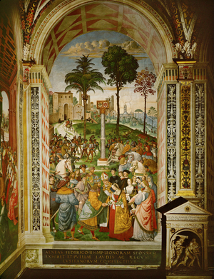 Aeneas Silvius Piccolomini, then Bishop of Siena, presents Emperor Friedrich III to his bride, Eleanor of Portugal (fresco)