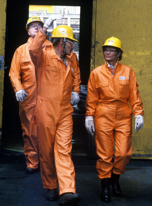 The North Sea 1986-06: The Crown Princess at Statfjord C. Crown Princess Sonja visits the Statfjord C, June 11, 1986 oil platform …, 1986 (photo)