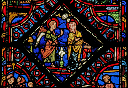 Window w0 depicting the Virgin Mary at the Annunciation (stained glass)