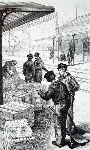 An engraving depicting a luggage barrow used by porters at a French railway station, 19th century