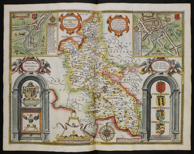 Buckingham both Shyre, and Shire towne describ, A.D. 1610. A map of Buckinghamshire; insets, Buckingham and Reading