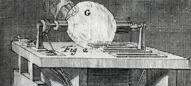 Static electric machine (possibly Hauksbee's) using glass globe to generate a charge by friction, 1747.