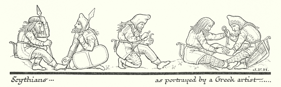 Scythians, portrayed on an Ancient Greek vase (litho)