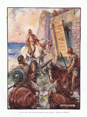 "Do you see that little white sail far out to sea? Yonder is McDuff"., 1910 (colour litho)