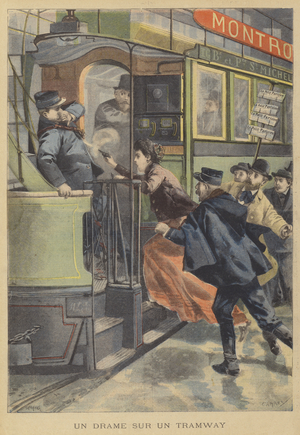 A shooting on a tram (colour litho)