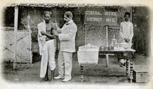 Medicine. Inoculation againt plague in Mumbai, India. Postcard, England, c.1900.