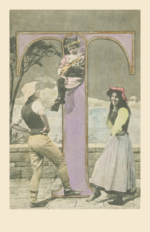 T : Une fillette jouant de la mandoline et deux jeunes danseurs