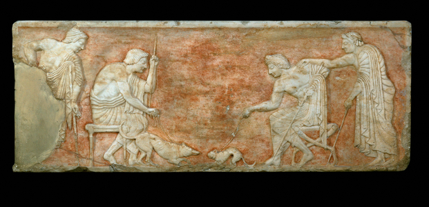 Four youth resting in the palaestra, two, seated, watch a dog and cat fight