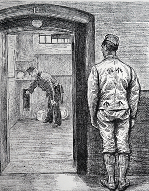Warder inspecting a prison cell, 1889