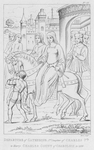 Departure of Catherine, 2nd daughter of Charles 7th to marry Charles Count of Charolois in 1439 (engraving)