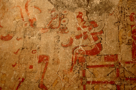Priest crowning the king on the accession throne, Early Pre-classic mural,Maya; Maya…, 2002 (photo)
