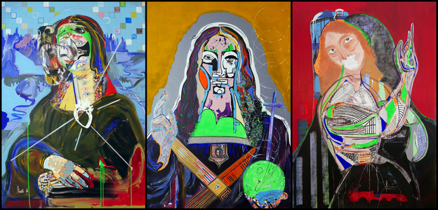 Triptyque d'après Léonard de Vinci, 2019 (oil, paper and acrylic on 3 juxtaposed canvas)