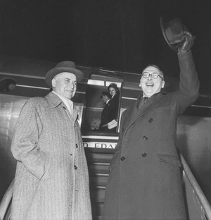 French First Minister Rene Pleven leaving for the USA, herewith French General Alphonse Juin, January 27, 1951, Paris (b/w photo)