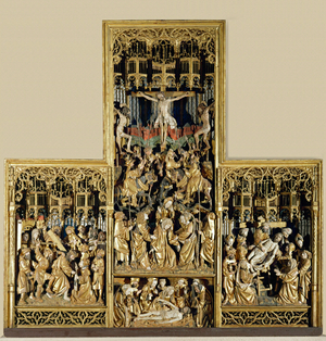 Altar of the Passion: carrying of the cross, crucifixion, descent from cross, entombment (woodcarving, gilded and painted)